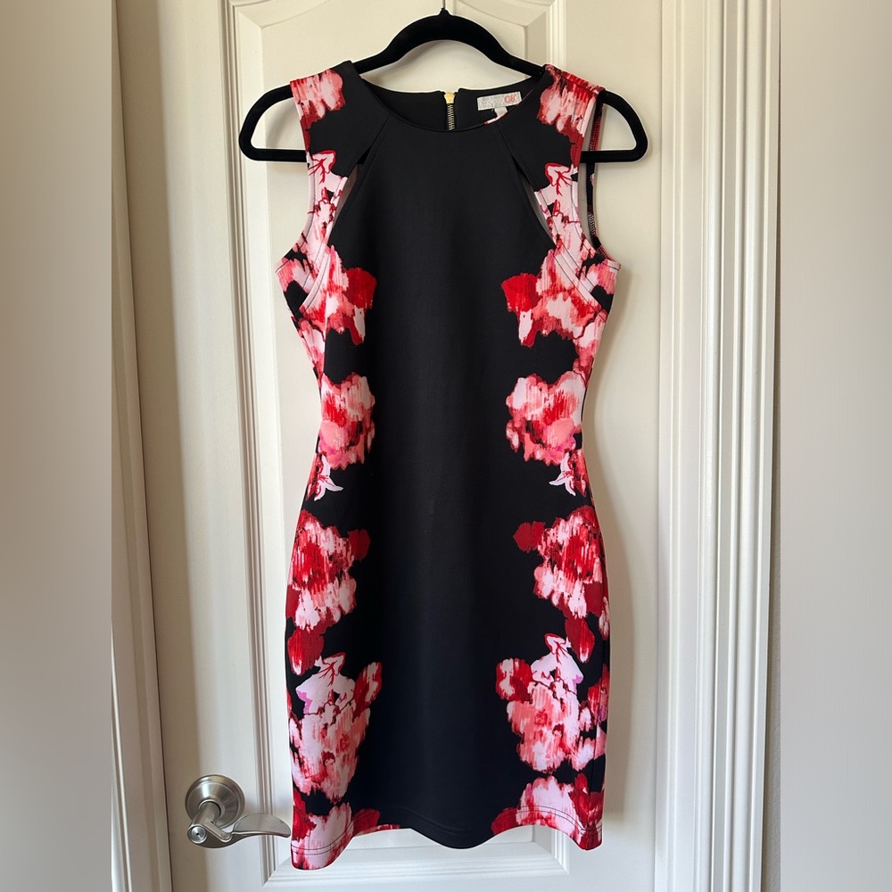 GB Black Cut Out Mini Dress with Red Flowers Size S